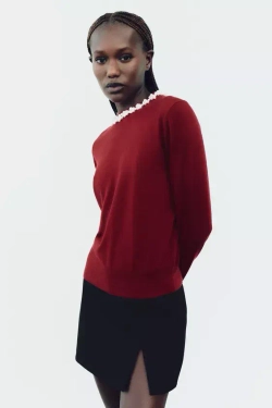 ZARA ОДНОТОННЫЙ СВИТЕР С БУСИНАМИ, ТЕМНО-РОЗОВЫЙ