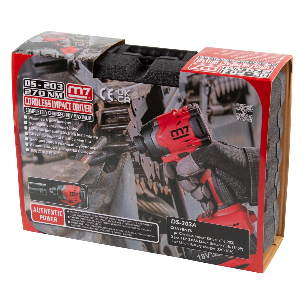 Аккумуляторный шуруповерт, ударный, 18 В, 4 предмета, кейс MIGHTY SEVEN DS-203S