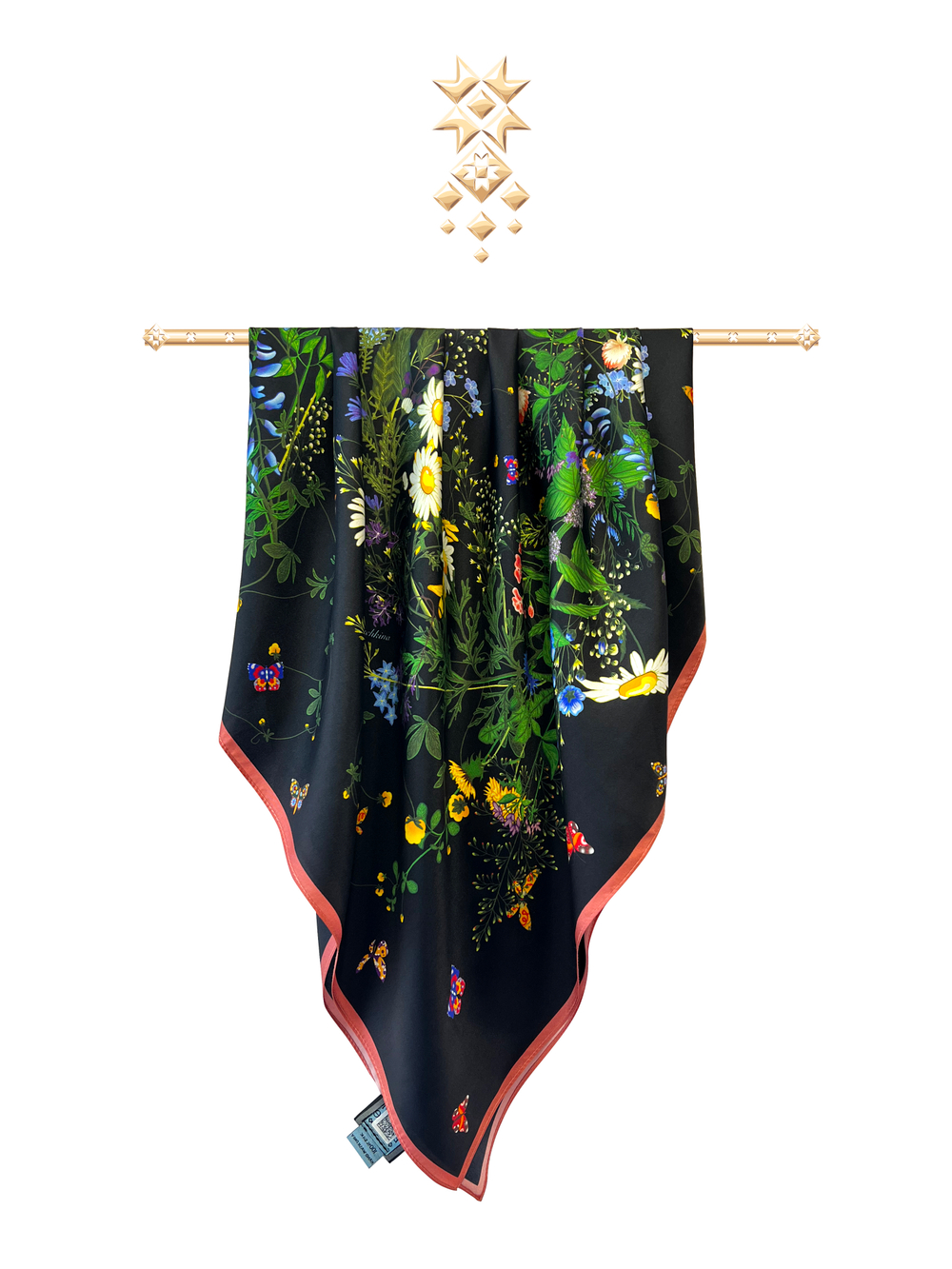 Платок «Русский полевой букет» чёрный 100% шёлк