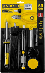STAYER PROTerm 60Вт с 2К рукояткой, конус, подставка+припой+сменное жало+оловоотсос+сменная насадка+канифоль+кусачки, Паяльный набор (55314-60-H8)