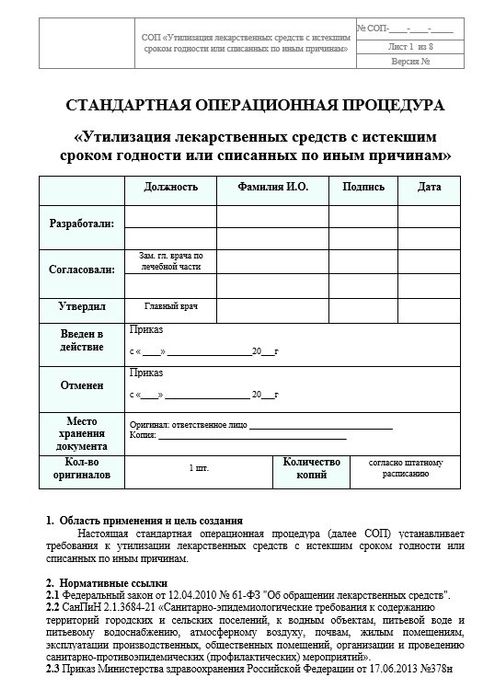 СОП Утилизация лекарственных средств с истекшим сроком годности или списанных по иным причинам