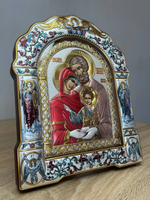 Св. Семейство, икона арочная с рамкой под стеклом, красное дерево,эмаль 266х335