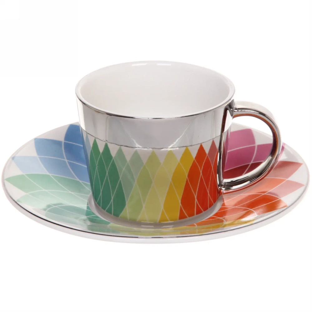 Чайная пара (зеркальная кружка 230мл+блюдце) анаморфный дизайн «Радуга»
