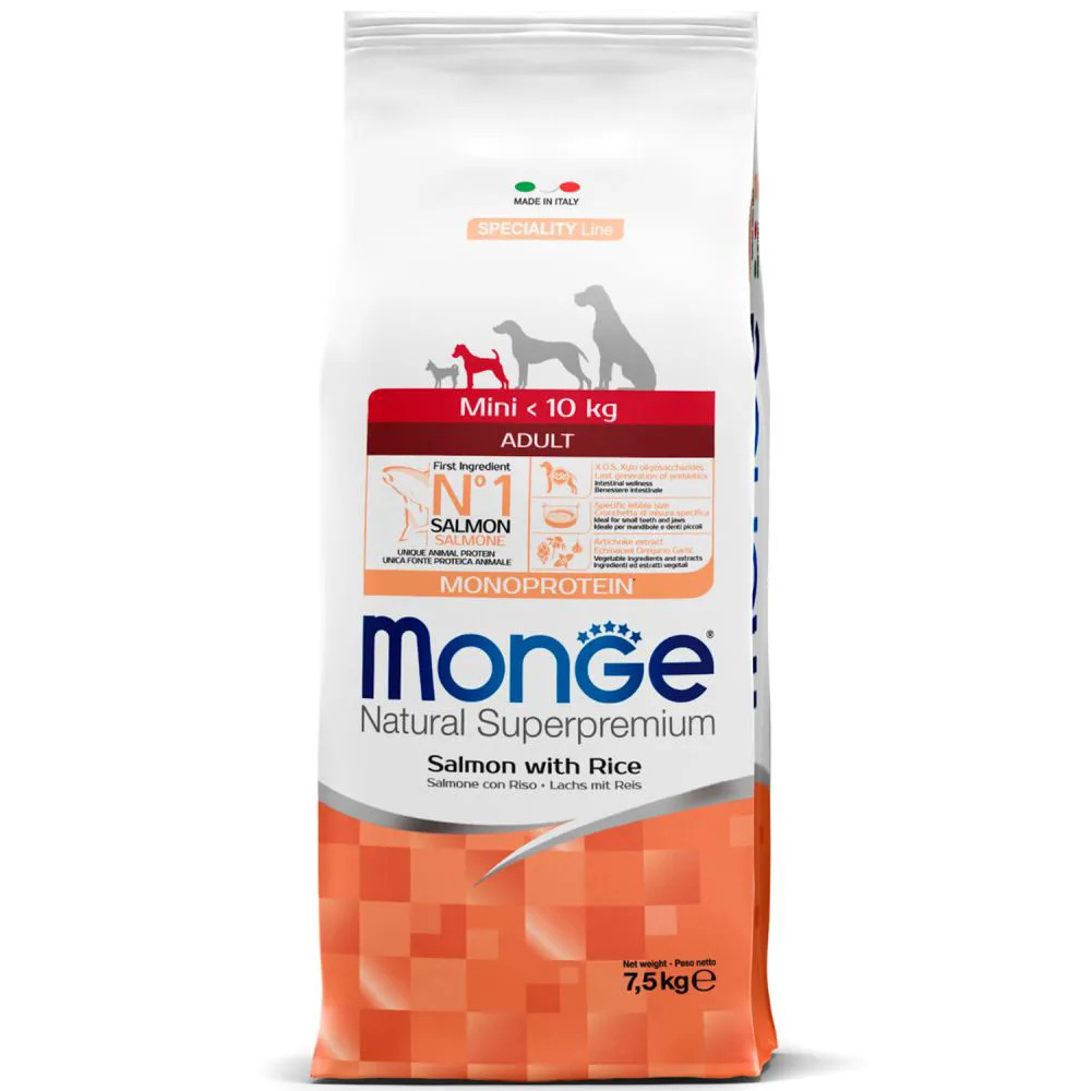MONGE MINI ADULT Сухой корм для взрослых собак мелких пород с лососем и рисом, 7,5 кг.