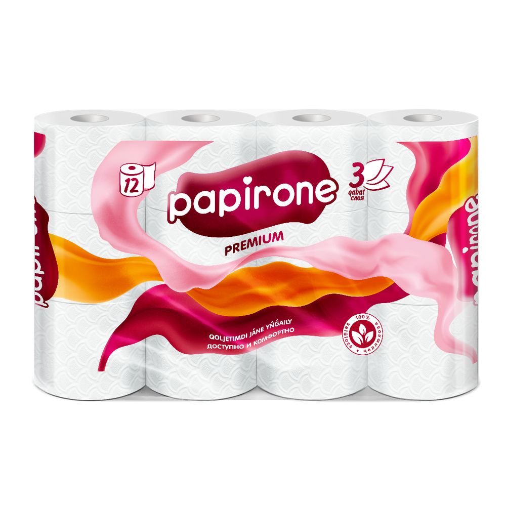 ТУАЛЕТНАЯ БУМАГА Papirone, 3 слоя, 12 рулонов, премиум