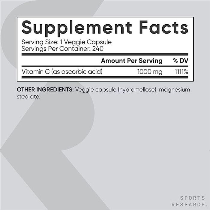 Витамин С 1000 мг, Vitamin C 1000 mg, Sports Research, 240 капсул 2