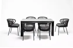 "Венето" обеденная группа на 6 персон со стульями "Милан", каркас темно-серый, роуп темно-серый