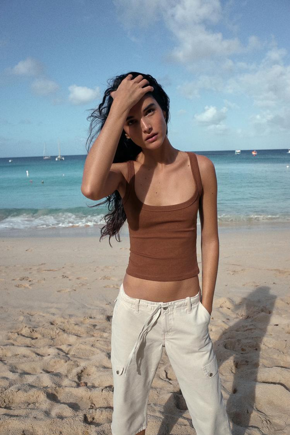 ZARA ХЛОПКОВАЯ ФУТБОЛКА БЕЗ РУКАВОВ, РЫЖЕВАТО-КОРИЧНЕВЫЙ МЕЛАНЖ