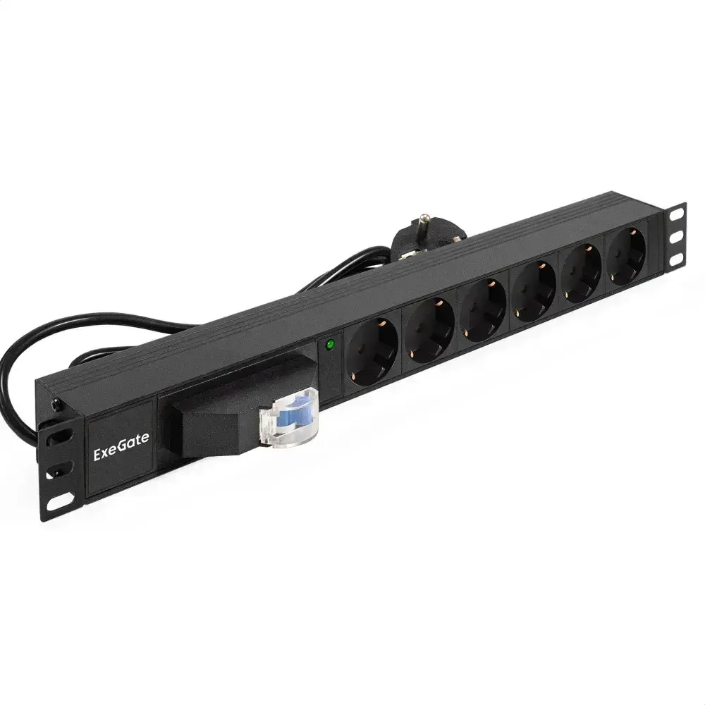 Блок розеток горизонтальный ExeGate ServerPro PDU-19H610 Al-6S-EU2.5-1P, 19", 1U Алюминий 6 Schuko кабель с евровилкой 2.5 метра, защита от перегрузки, черный
