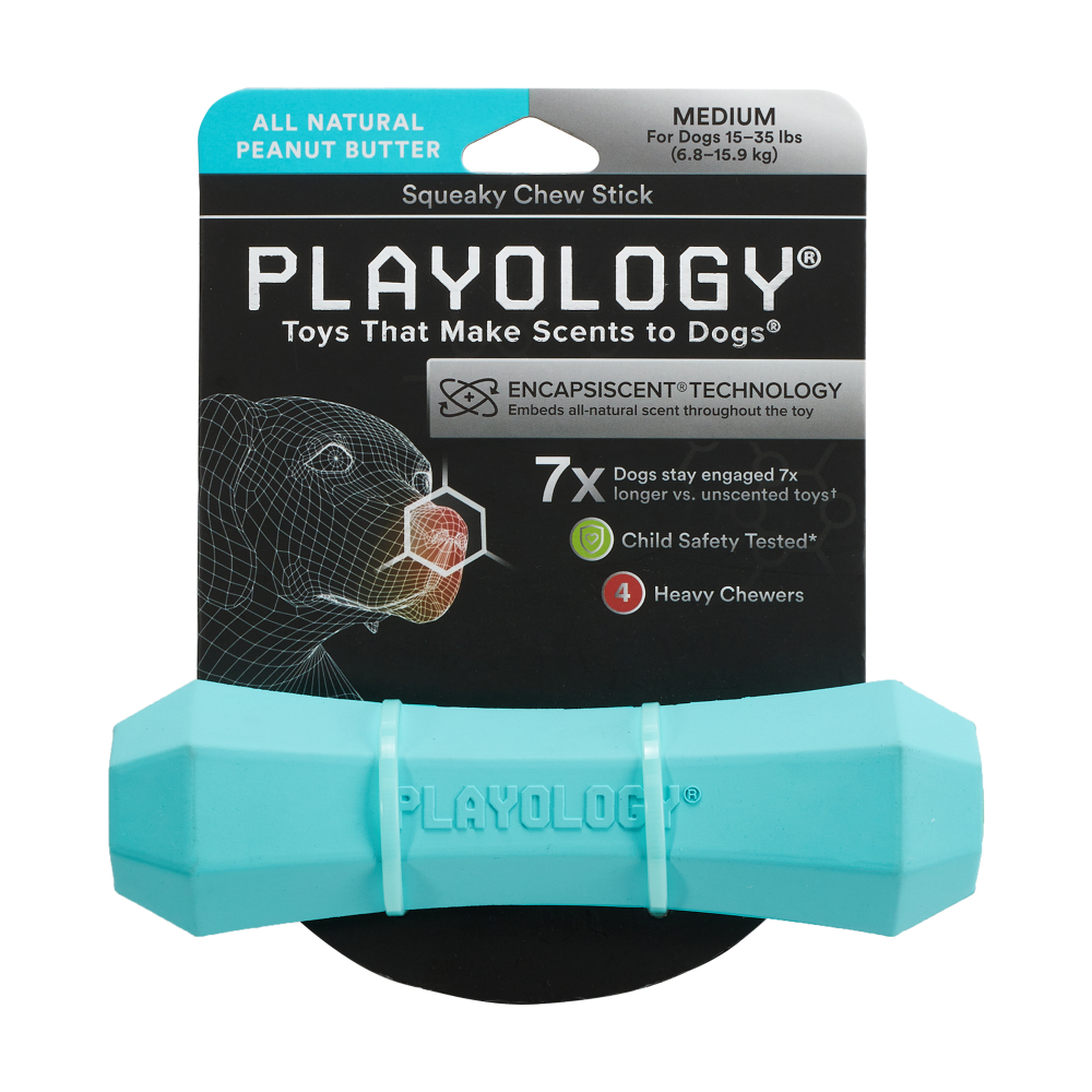 Playology  жевательная палочка SQUEAKY CHEW STICK для собак средних пород с ароматом арахиса, средняя, цвет голубой