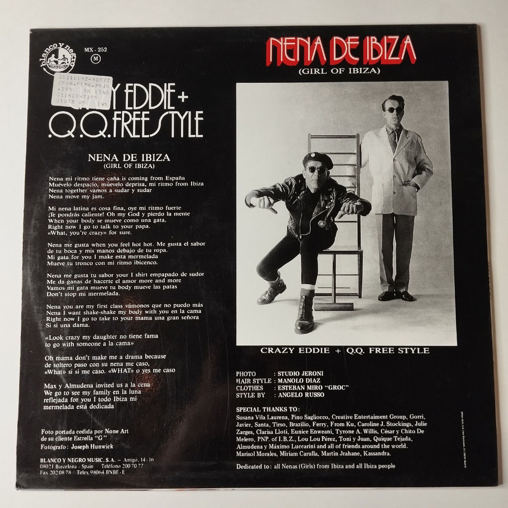 Винтажная виниловая пластинка LP Crazy Eddie and Q.Q. Freestyle Nena De Ibiza (Girl Of Ibiza) (Spain 1990) Maxi Single 45 RMP