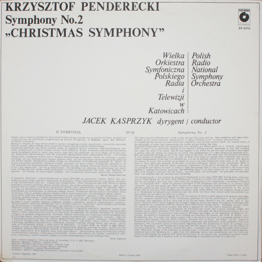 Krzysztof Penderecki / Symphony No. 2 "Christmas Symphony" (LP)