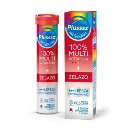 Plusssz 100% Мультивитамины + Железо - 20 шипучих таблеток с вишнево-апельсиновым вкусом