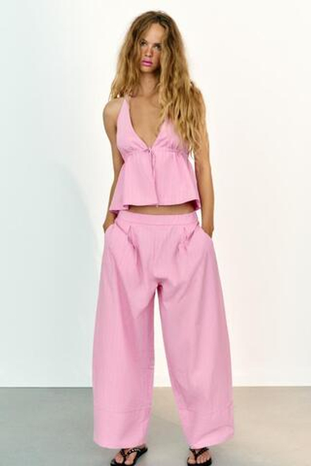ZARA ШИРОКИЕ БРЮКИ ИЗ ПОПЛИНА, РОЗОВЫЙ/БЕЛЫЙ