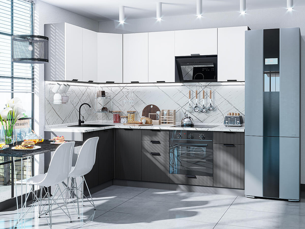 Угловая модульная кухня Евро Лайн-05 Белый/Антрацит - Graphite 2140*1400/2400*600