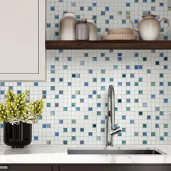 Стеклянная мозаика STP-BL014 Natural Мозаика Steppa белая синяя с перламутром