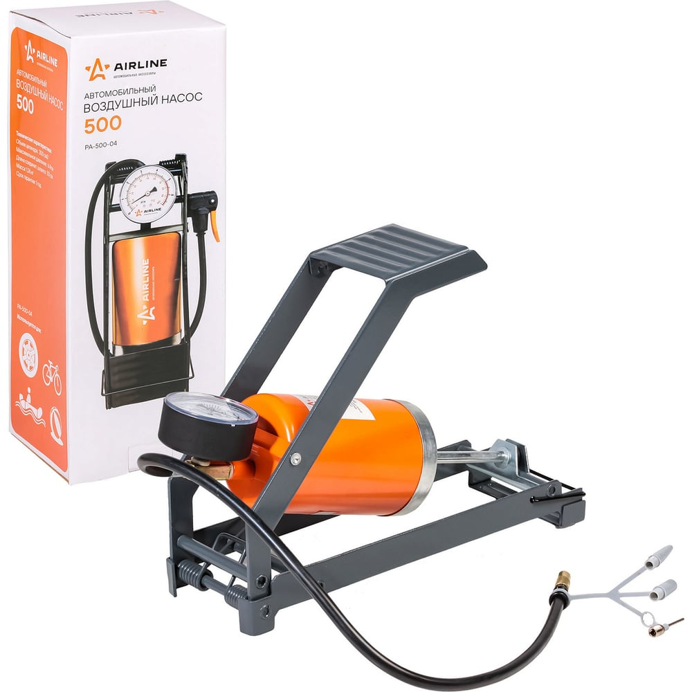 Насос автомобильный ножной, воздушный механический со встроенным манометром, цилиндр 500 см3 AIRLINE PA-500-04