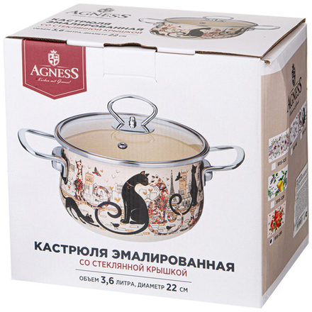 КАСТРЮЛЯ AGNESS ЭМАЛИРОВАННАЯ СО СТЕКЛ. КРЫШКОЙ СЕРИЯ "КОРЕЙСКАЯ РОЗА" 3.6 Л, 22*13 СМ