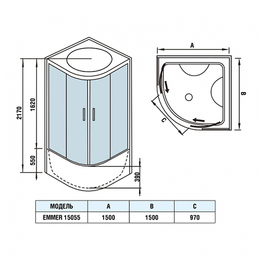 Душевой бокс WeltWasser WW500 Emmer 15055-2 150х150 10000004658 профиль Хром стекло прозрачное