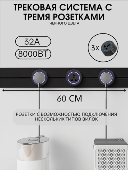 Трековая система черного цвета, металлическая шина 60 см + 3 штуки розеток
