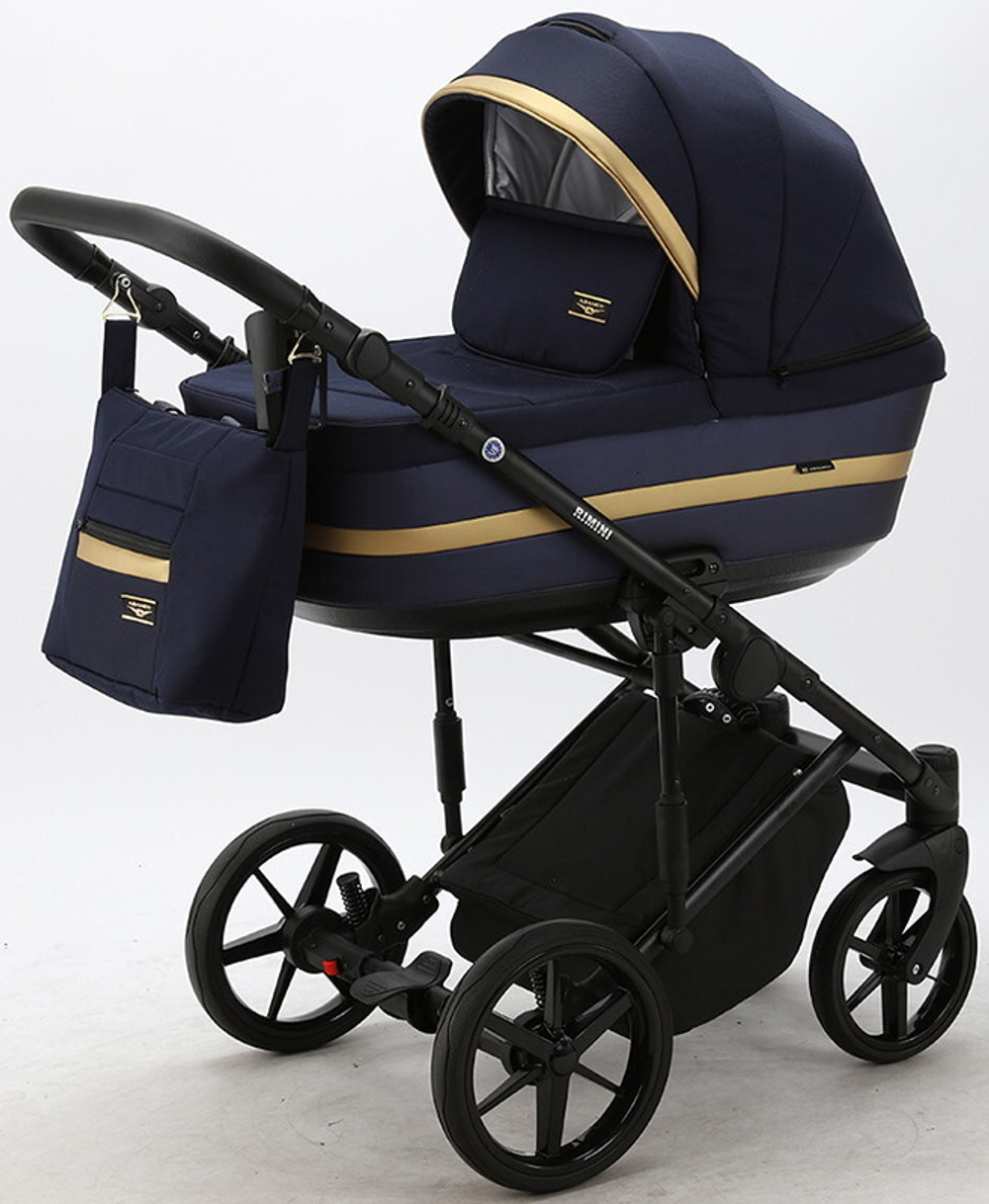 Детская коляска Adamex Rimini 2 в 1 RI58-LUX Т.СИН+Т.СИН.ПЕРЛ.КОЖА+ЗОЛОТО.ОТДЕЛКА