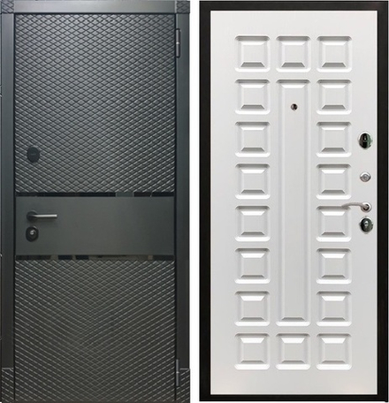 Входная металлическая дверь RеX (РЕКС) 15 Чешуя кварц черный, фурнитура хром/ ФЛ-183 Белый ясень 16мм