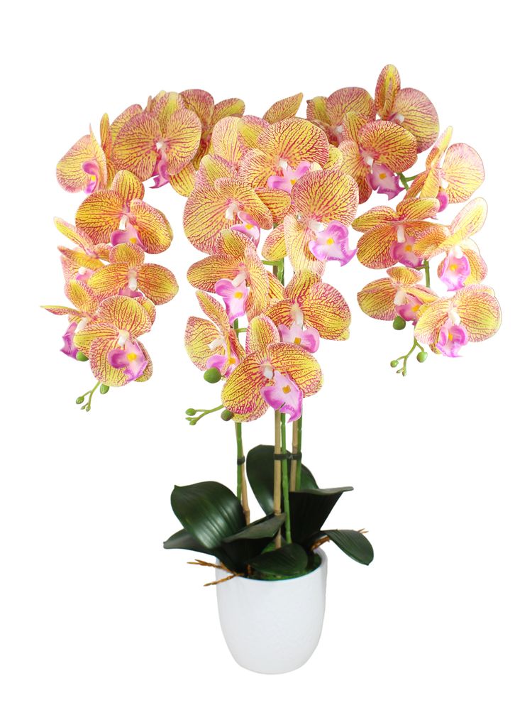 Искусственные Орхидеи 3 ветки тигровые золотистые латекс в кашпо, 65см