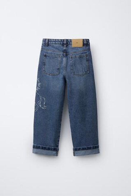 ZARA СВОБОДНЫЕ ДЖИНСЫ С ВЫШИВКОЙ, СИНИЙ