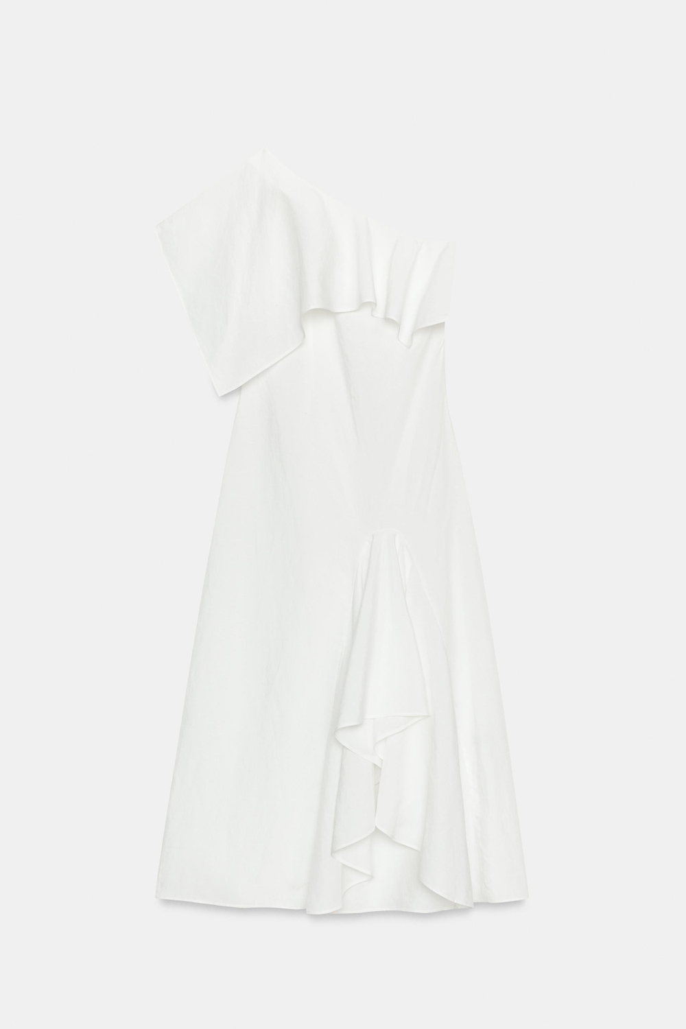 ZARA АСИММЕТРИЧНОЕ ПЛАТЬЕ С ВОЛАНАМИ ИЗ СМЕСОВОГО ЛЬНА — ZW COLLECTION, ЖЕЛТОВАТО-БЕЛЫЙ