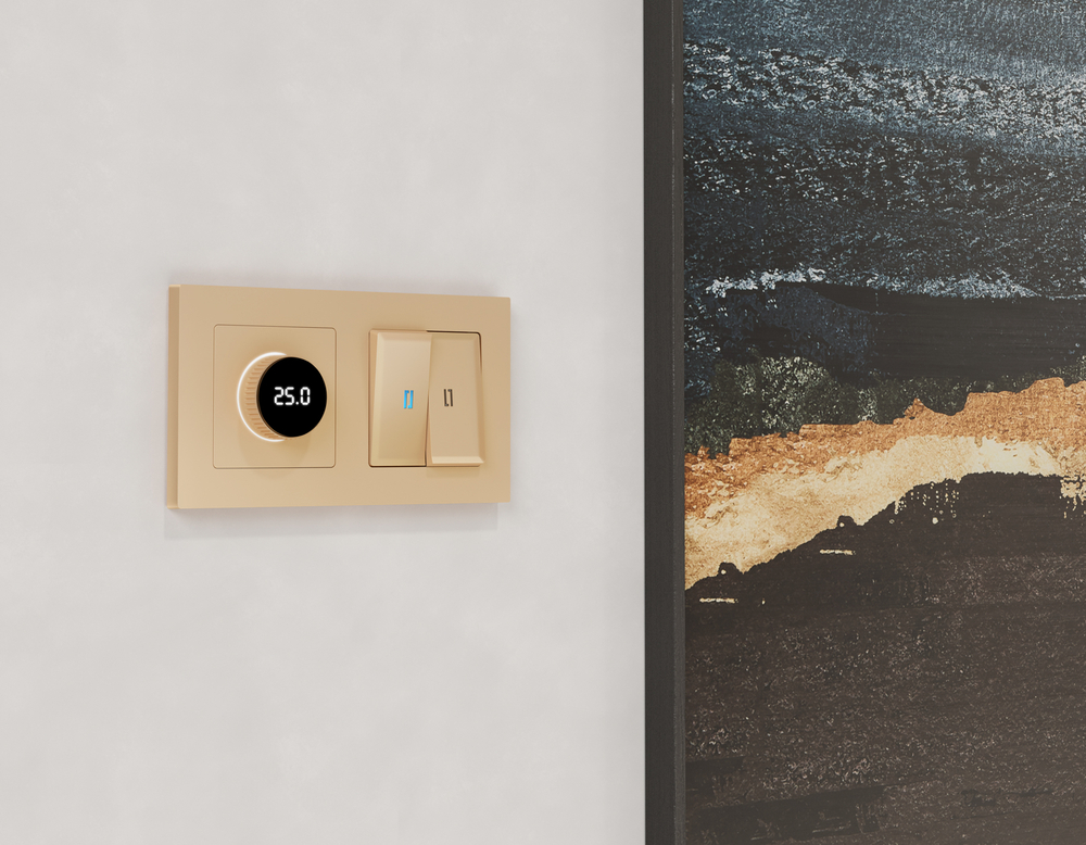 MA605810 Комплект механизма терморегулятора с цифровым дисплеем с подсветкой и датчиком для теплого пола 16A-250V ALFA Шампань QUANT (AP6058, VM1385)