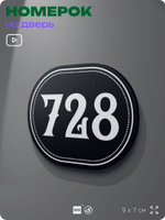 Номерок на дверь квартиры 728, для кабинета, офиса, шильдик 9 х 7 см, черный, Айдентика Технолоджи