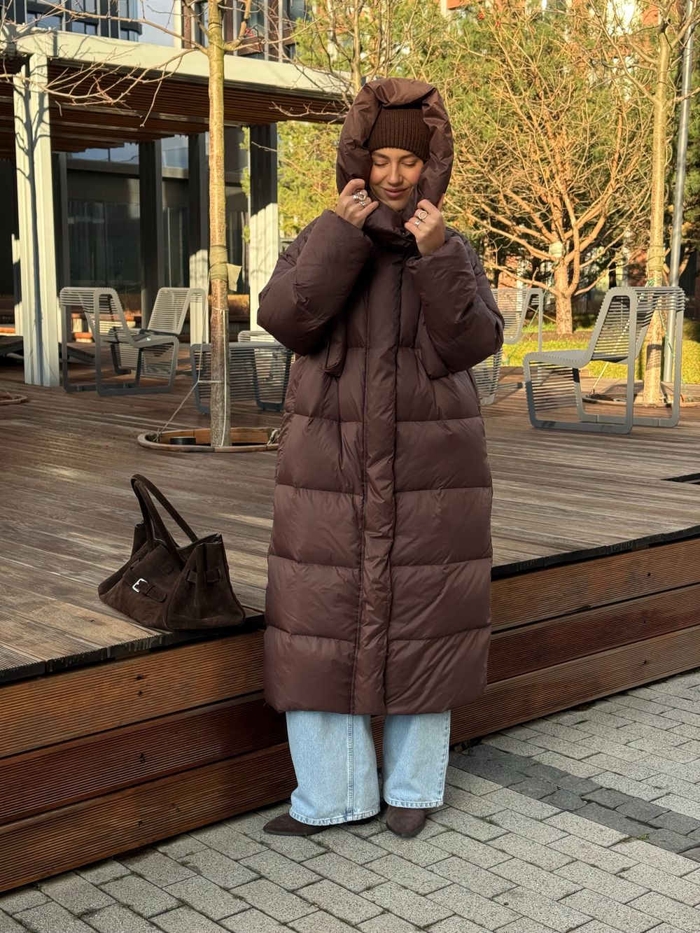 Пуховик Сахалин макси шоколад