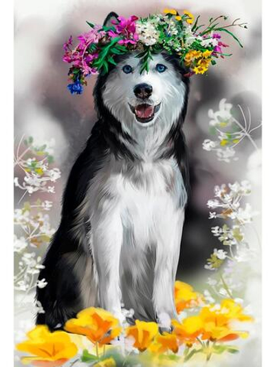 Алмазная мозаика 17*22см. квадрат. с подр. "Хаски с венком цветов" с полным заполн.20цв. (Арт.НД-077