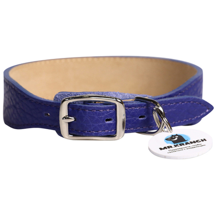 Ошейник Mr.Kranch для собак из натуральной кожи с QR-адресником 22-26см синий