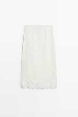 Massimo Dutti Струящаяся юбка миди с кружевной отделкой, белый