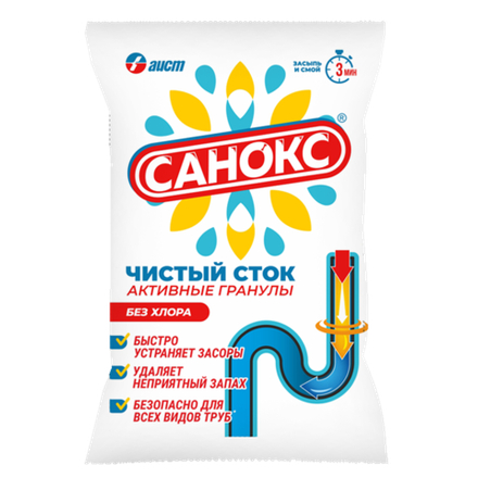 Санокс Средство для устранения засоров в сливных трубах Чистый сток активные гранулы 70 г