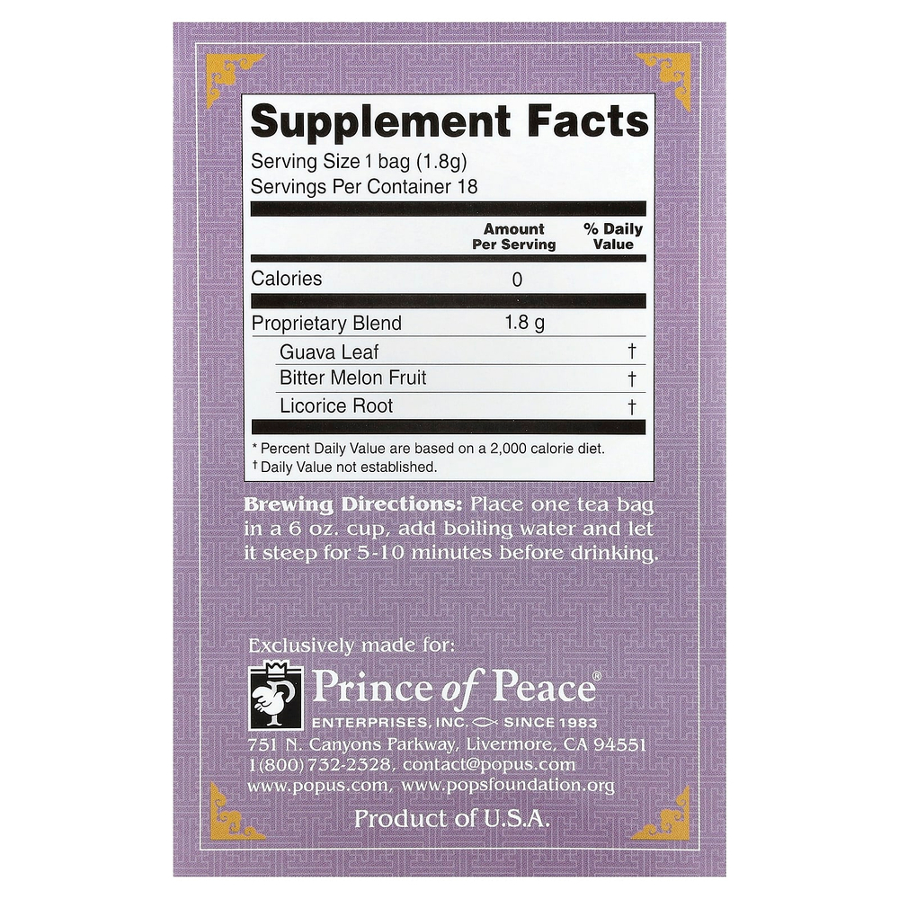 Prince of Peace, Herbal Tea, сахар в крови, 18 чайных пакетиков, 32,4 г (1,14 унции)