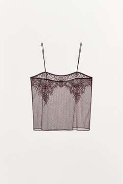 ZARA ТОП С КРУЖЕВНЫМИ БРЕТЕЛЯМИ, КОРИЧНЕВЫЙ