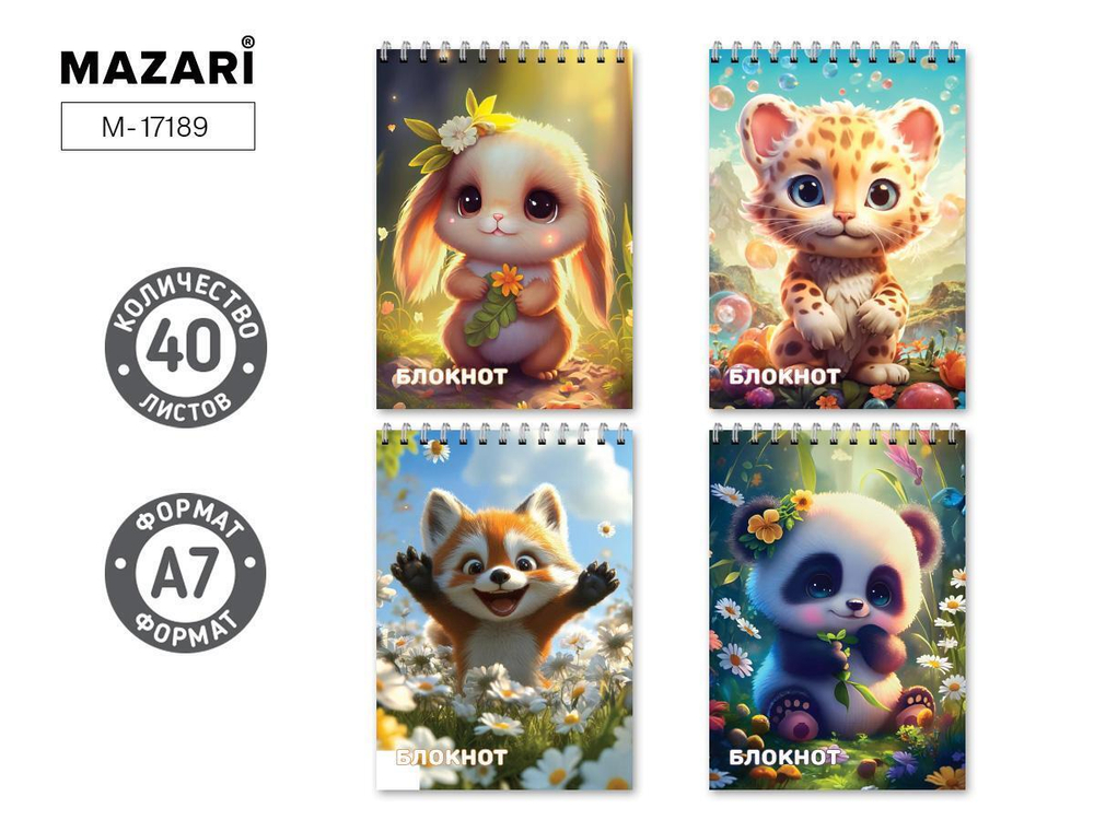 Блокнот А7 40л. клетка, на спирали, обложка картон, блок офсет, ассорти 4 дизайна M-17189 (Mazari)