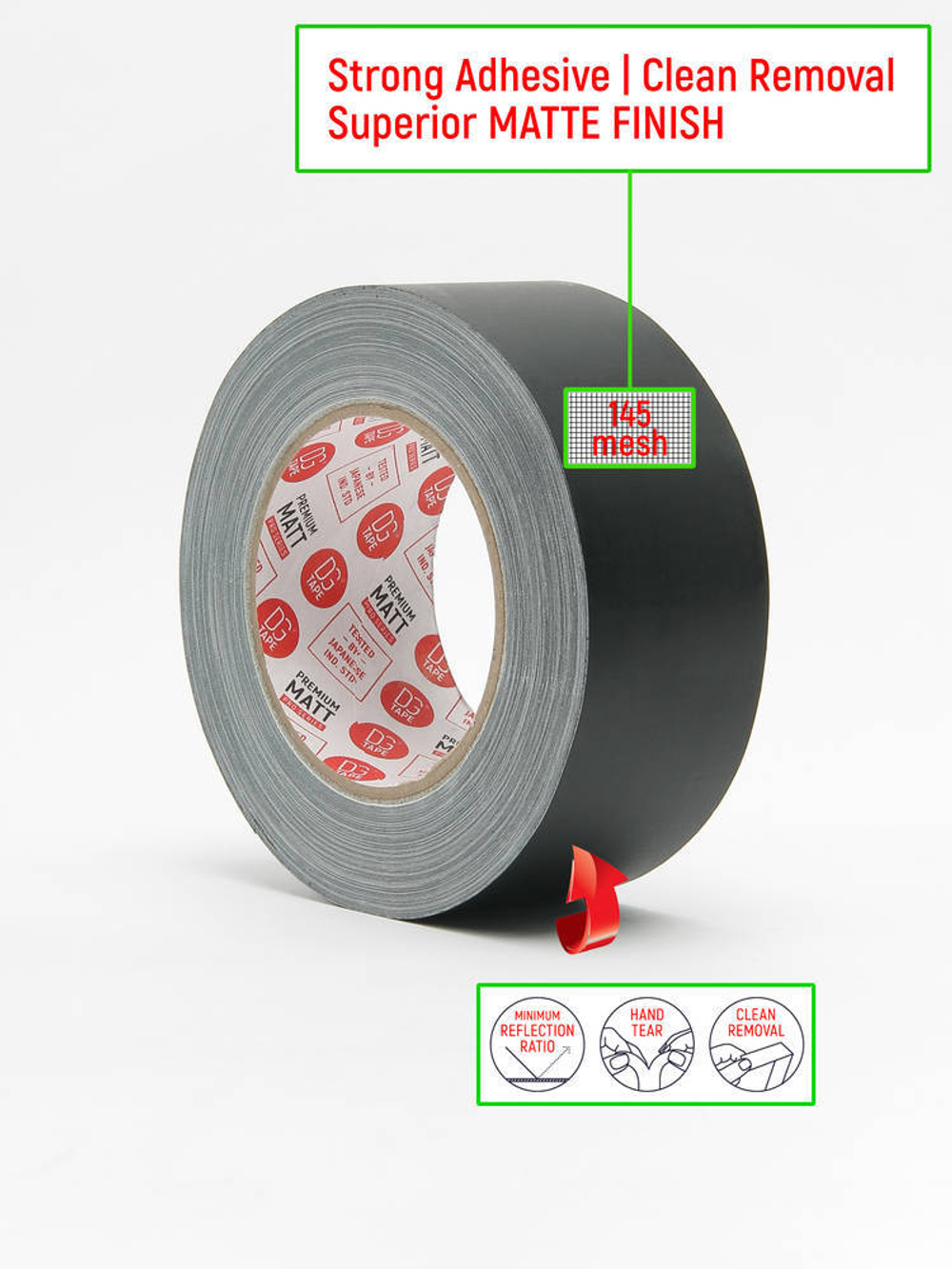 Супер Клейкая! Супер Матовая прочная лента на тканевой основе 145MESH - Gaffer Tape@MATT STRONG - Гаффа тейп 50мм/50м - Черный