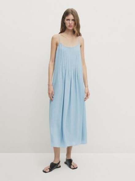 Massimo Dutti Платье с бретелями и складками, голубой