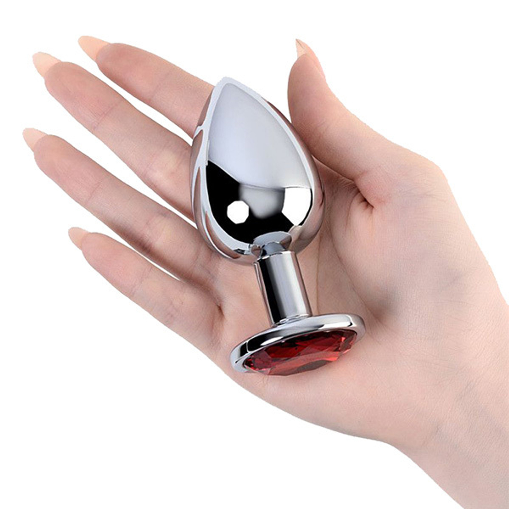 Серебристая анальная втулка 9,5см с рубиновым кристаллом ToyFa Metal 717012-9