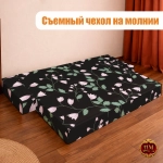 Бескаркасный диван кровать раскладной с подлокотниками "Цветы на черном фоне"