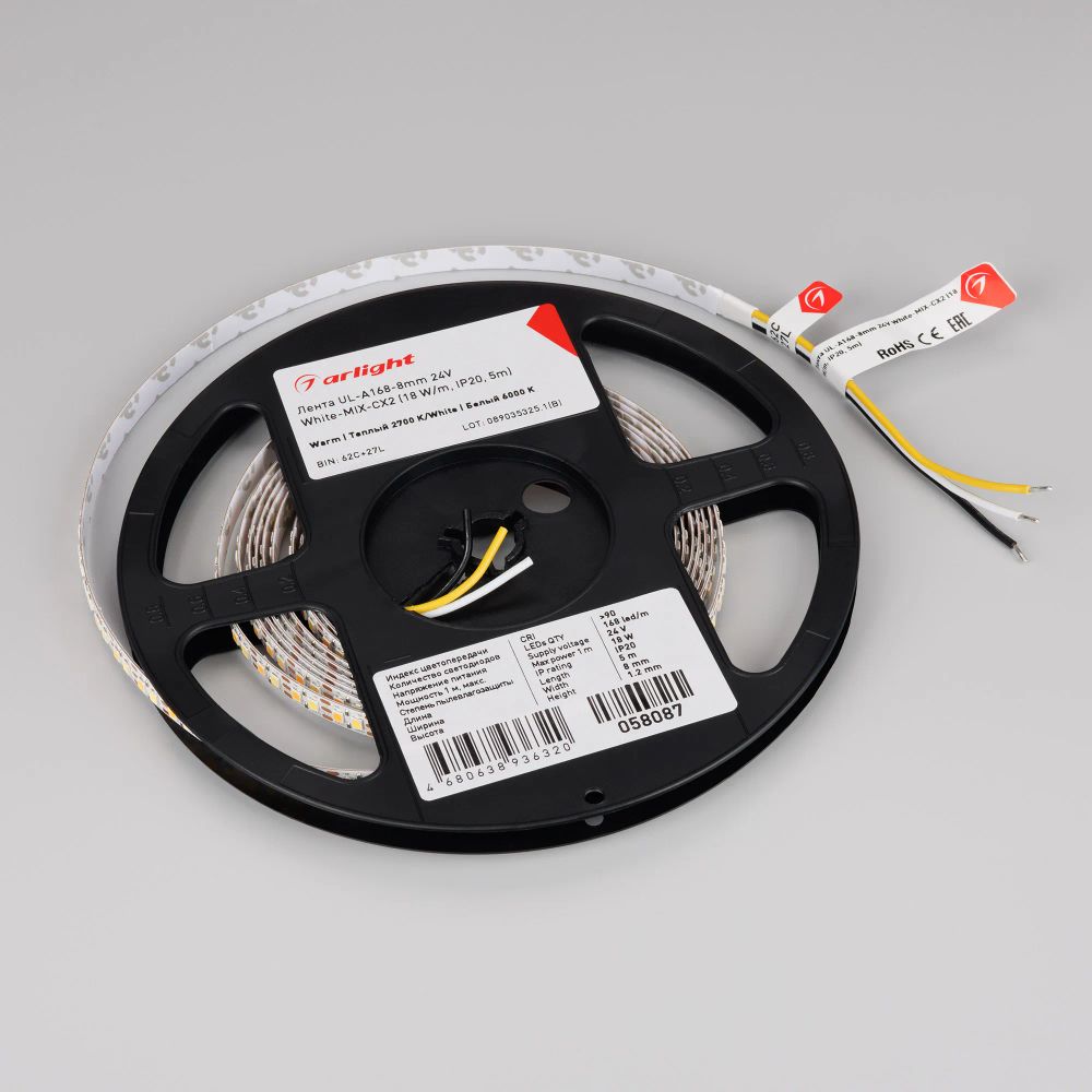 Светодиодная лента UL-A168-8mm 24V White-MIX-CX2 (18 W/m, IP20, 5m) (Arlight, резка 2 светодиода) 058087