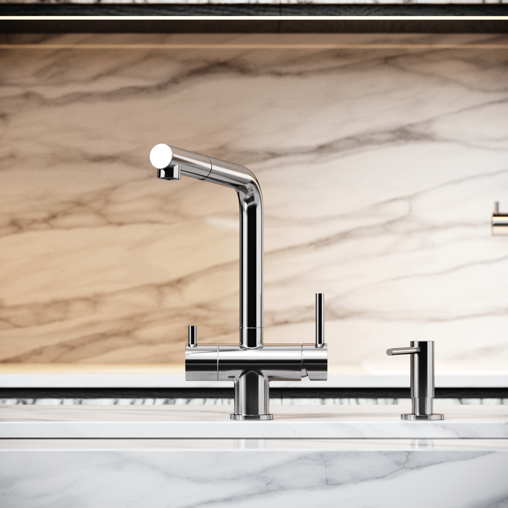 Смеситель для кухни Sancos Spin с вытяжным изливом, краном для фильтра, брашированный никель, SC4015BN