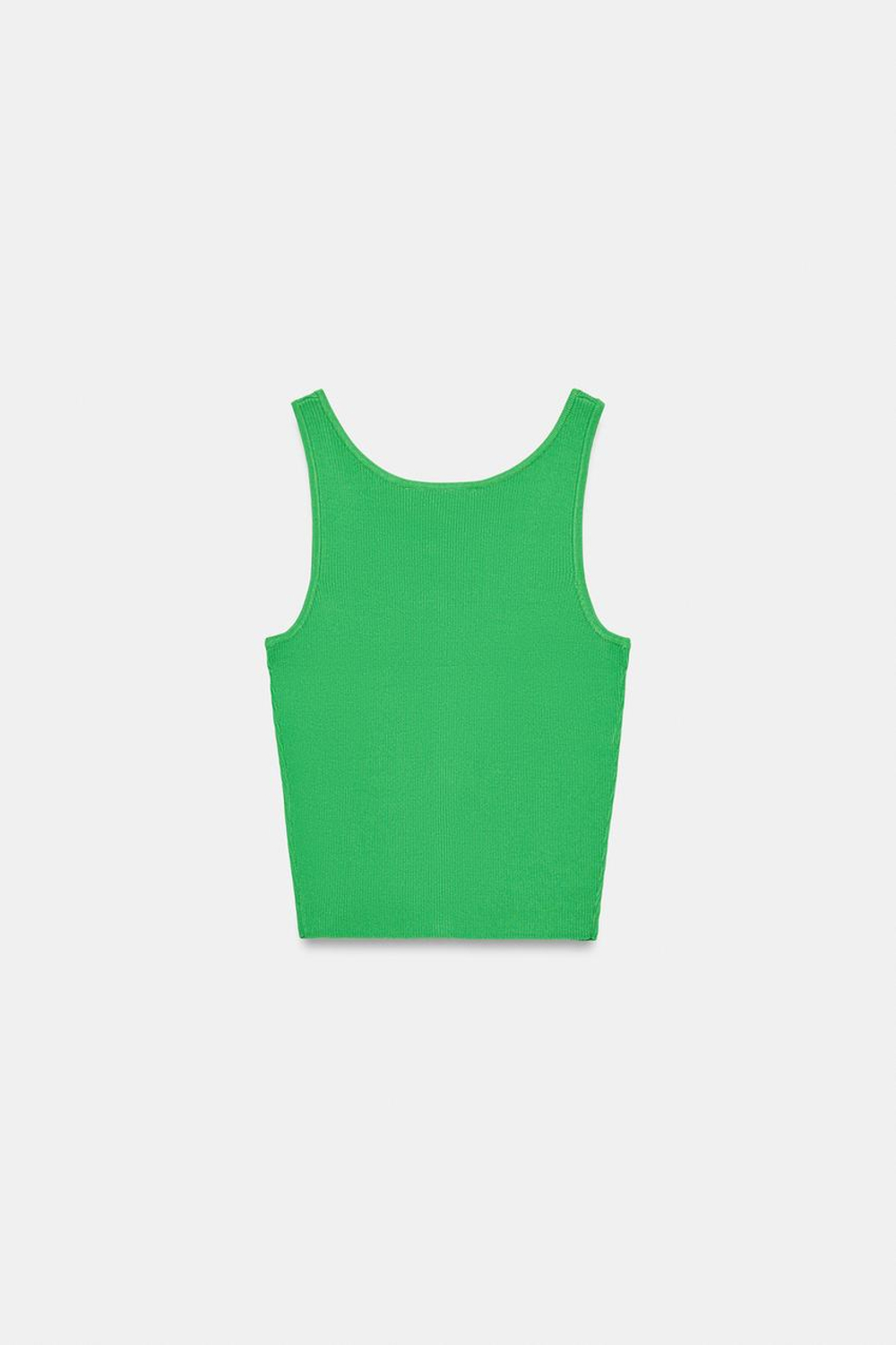 ZARA ТРИКОТАЖНЫЙ ТОП В РУБЧИК, ЗЕЛЕНЫЙ