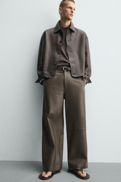 ZARA КОЖАНЫЕ БРЮКИ BALLOON FIT, КОРИЧНЕВЫЙ