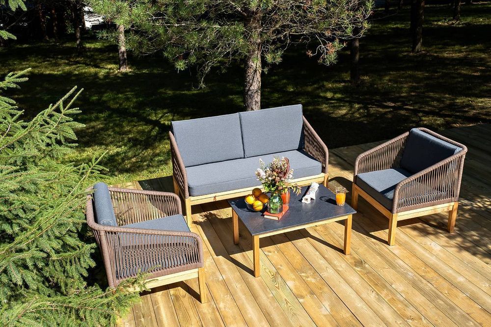 "Канны" лаунж-зона 4-местная из роупа со столиком "Канны" (серый гранит), основание дуб, роуп коричневый