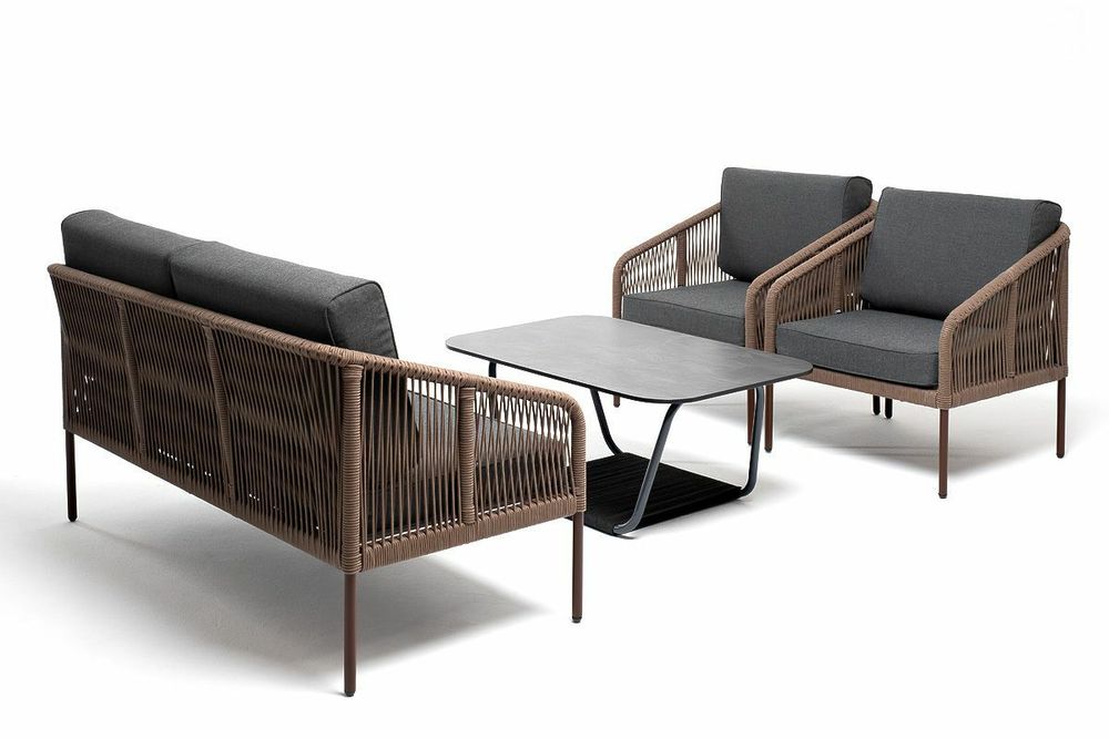 "Канны" лаунж-зона 4-местная из роупа со столом "Верона" (серый гранит), каркас алюминиевый коричневый, роуп коричневый