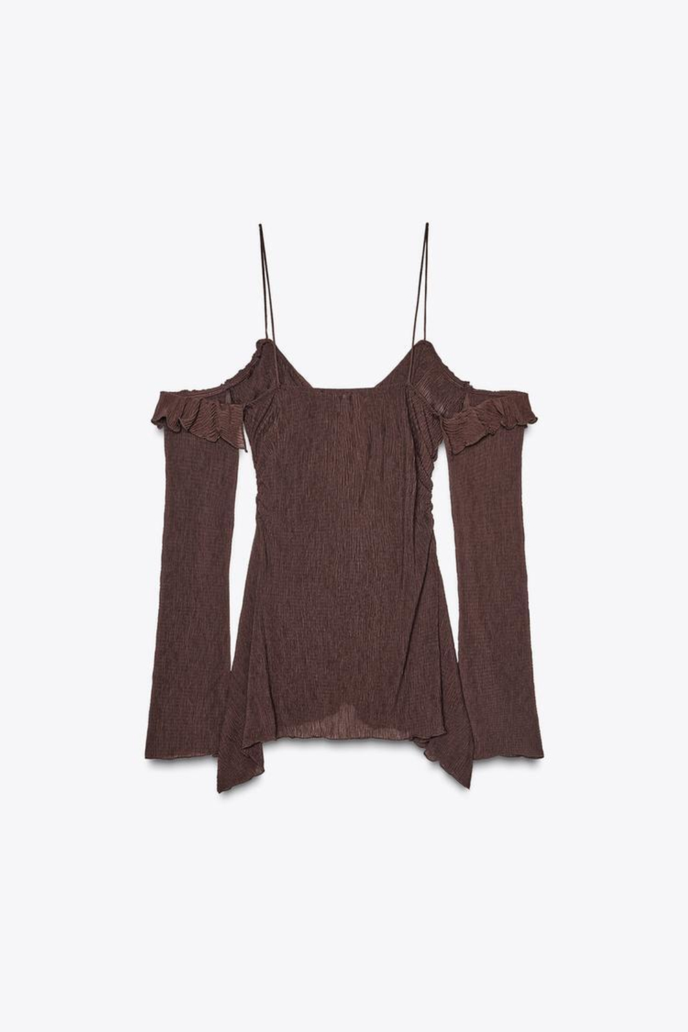 ZARA ТОП С ОТКРЫТЫМИ ПЛЕЧАМИ И ВОЛАНАМИ, КОРИЧНЕВЫЙ